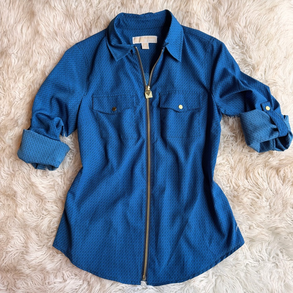 Michael Kors Blue Zip-Front Long Sleeve Button Cuff Shirt